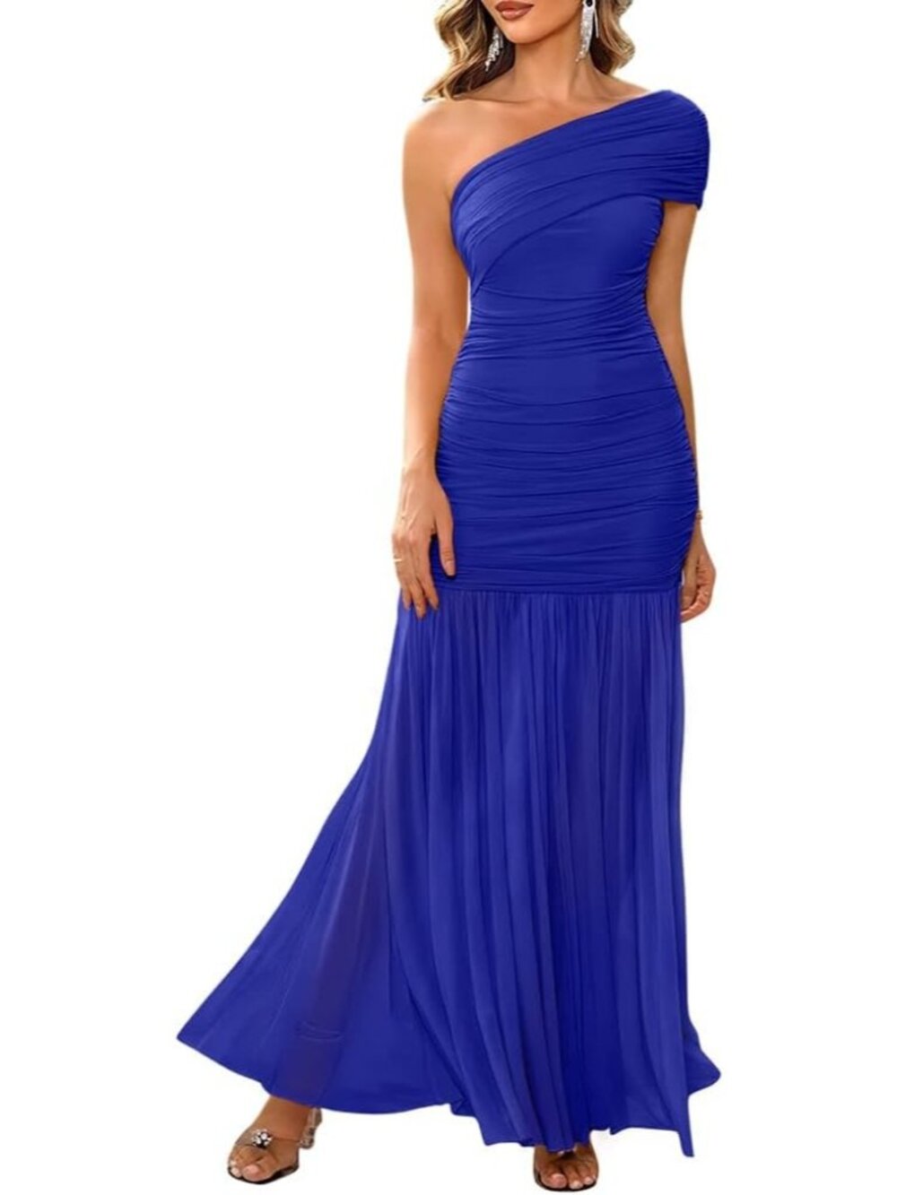 Women's Royalblue Elegant Formal One Shoulder Sleeveless Bodycon Maxi Long Dress